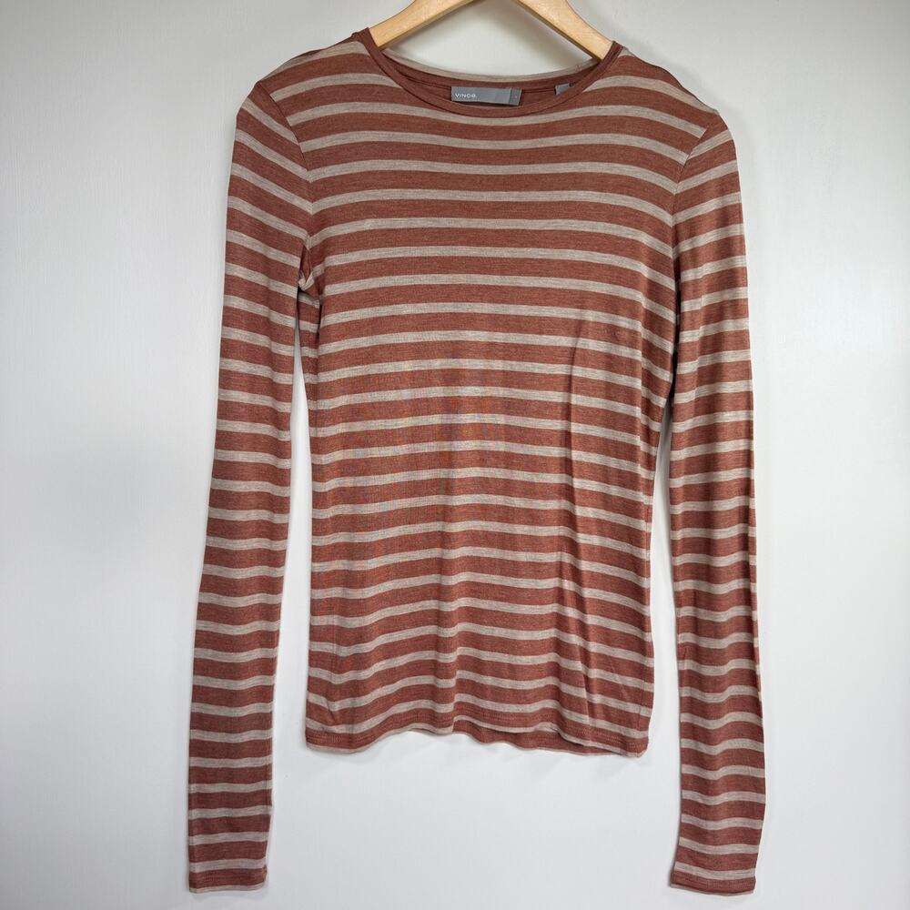 Vince Rust & Beige Striped Minimalist Feeder Stripe Long Sleeve Tee Size Small